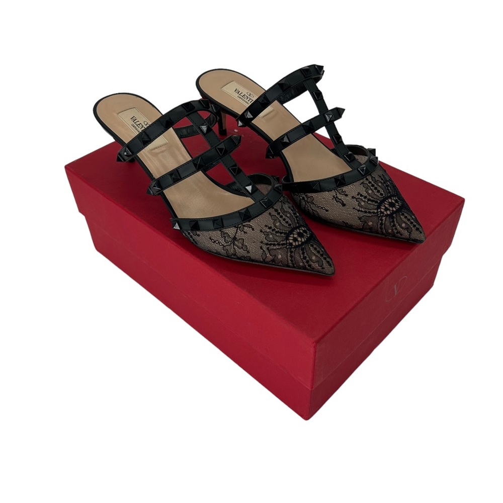 Valentino Black Lace Pointed Rockstud Mule Heels